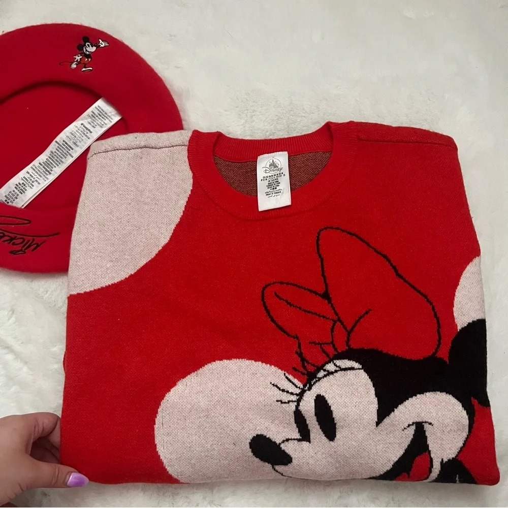 NWOT Disney Minnie Mouse Sweater Red White Polka Dots Adults - Picture 2 of 6